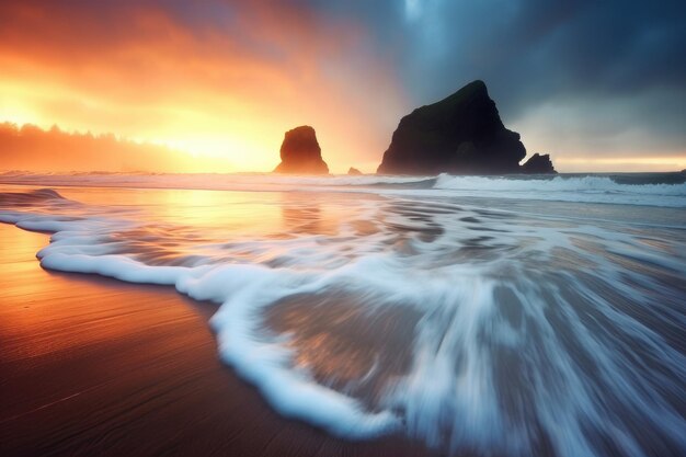 Waves Splashing on a Scenic Beachscape