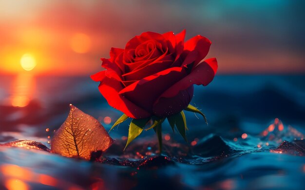 Волны смывают красную розу с пляжа Концепция романтической любви