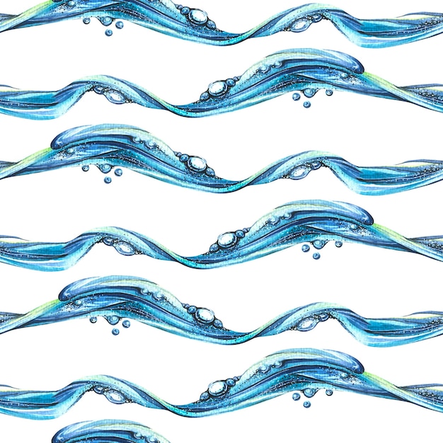 Волны воды сине-голубого цвета в повторяющемся узоре на белом фоне Акварельная иллюстрация бесшовная Для ткани, текстиля, чехлов, упаковочной бумаги, оформления, дизайна, пляжа, лета