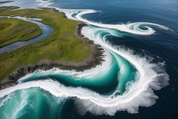 Waves of water of the river and the sea meet each other during high tide and low tide Whirlpools of the maelstrom of Saltstraumen Nordland Norway