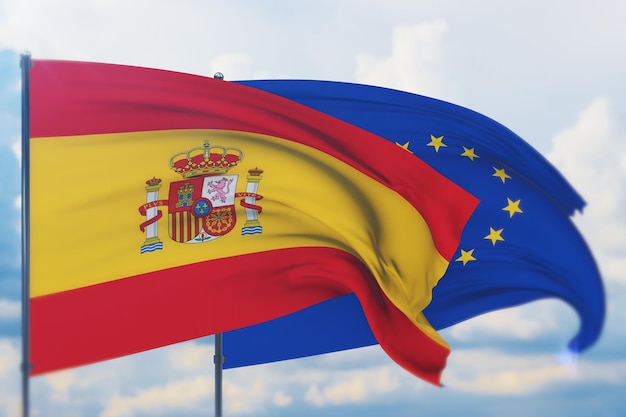 Waving european union flag and flag of spain closeup view d illustration