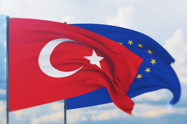 Waving european union flag and flag of turkey closeup view d illustration