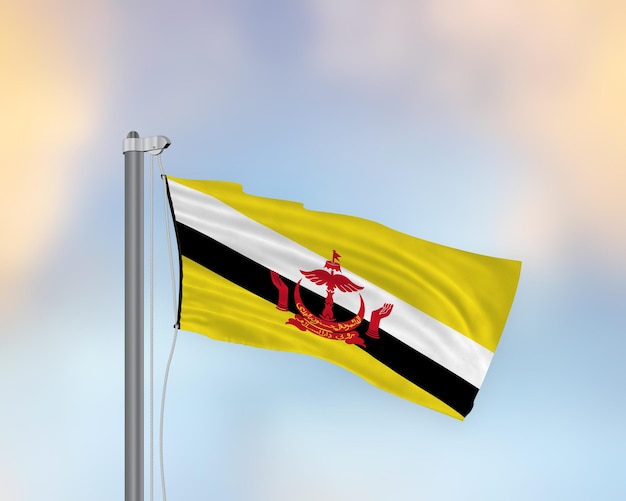 Waving flag of Brunei on a flagpole