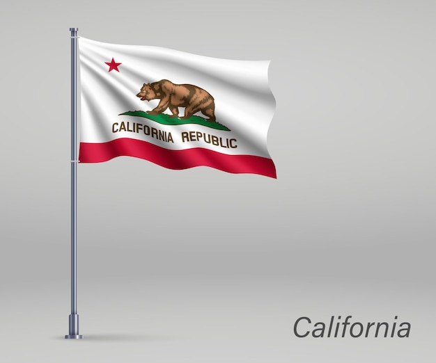 Waving flag of California state of United States on flagpole Template for independence day poster design