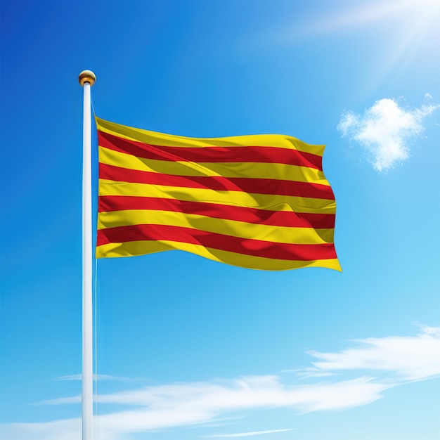 카탈로니아의 깃발을 흔드는 것은 하늘 배경의 깃대에 있는 스페인의 공동체입니다