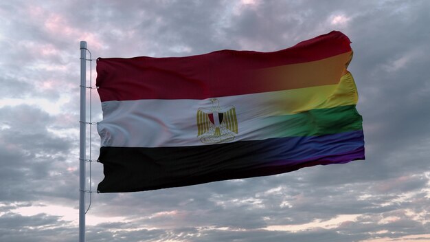 Waving flag of Egypt state and LGBT rainbow flag