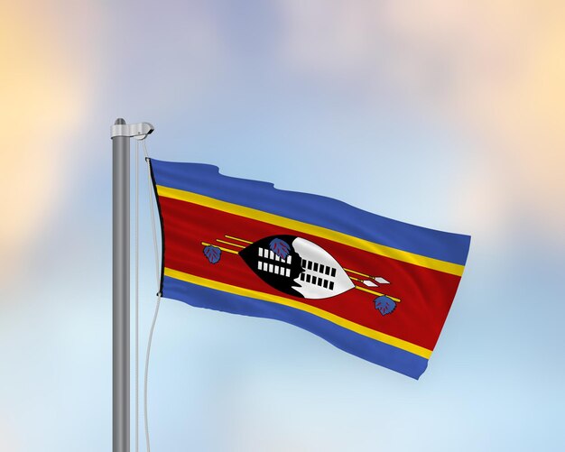 Waving flag of Eswatini on a flagpole