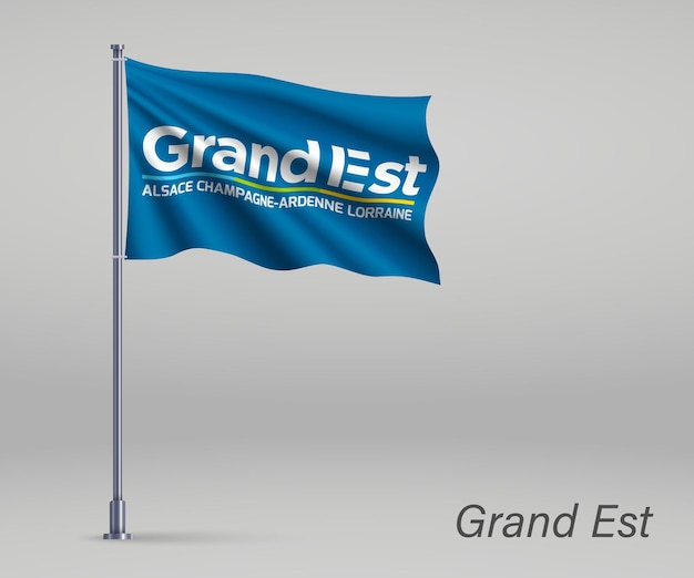 Waving flag of Grand Est region of France on flagpole Template for independence day poster design