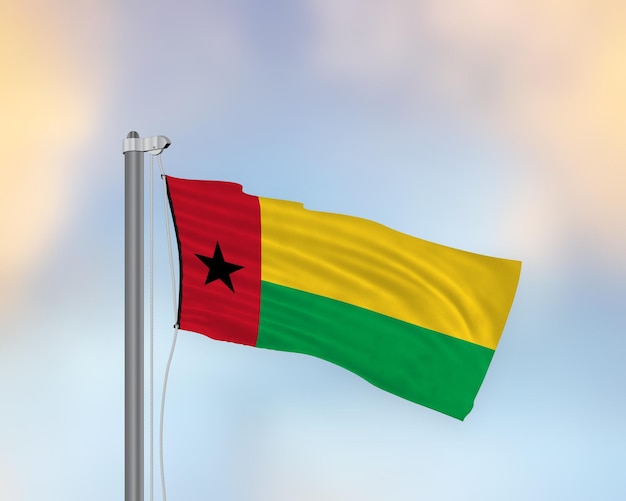 Waving flag of Guinea Bissau on a flagpole