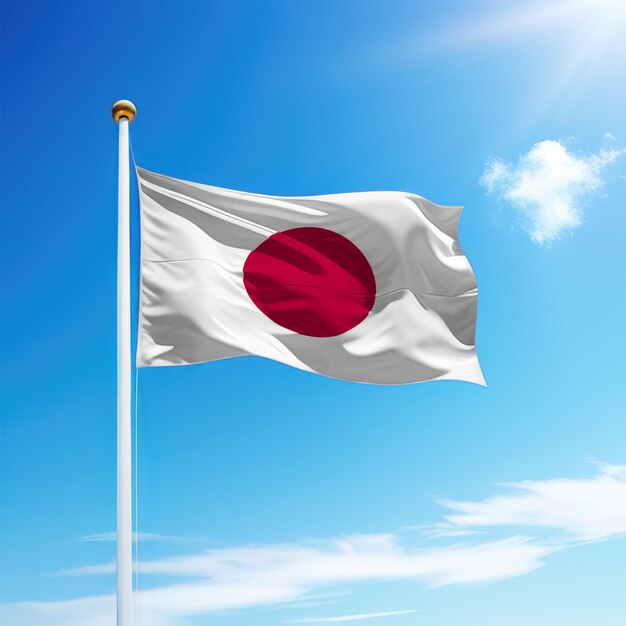 Waving flag of japan on flagpole with sky background