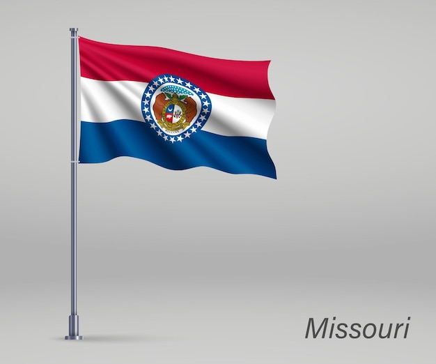 Sventolando la bandiera dello stato del missouri degli stati uniti sull'asta della bandiera modello per il design del poster del giorno dell'indipendenza