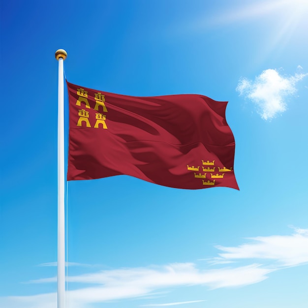 Waving flag of Murcia is a community of Spain on flagpole with sky background