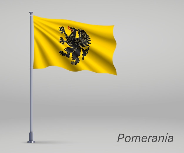 Waving flag of Pomerania Voivodeship province of Poland on flagpole Template for independence day poster design