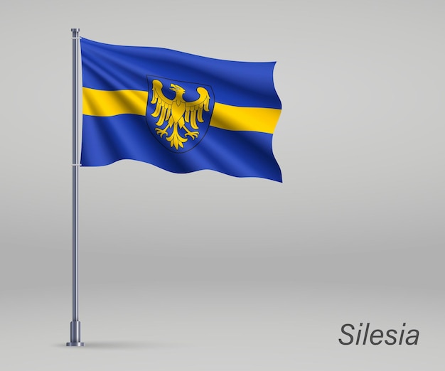 Waving flag of Silesia Voivodeship province of Poland on flagpole Template for independence day poster design