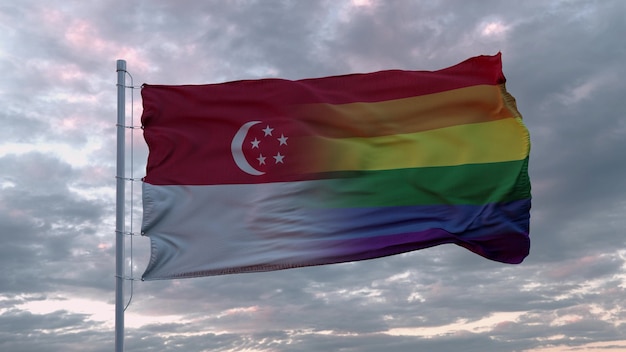 싱가포르 주와 LGBT 무지개 깃발을 흔들며
