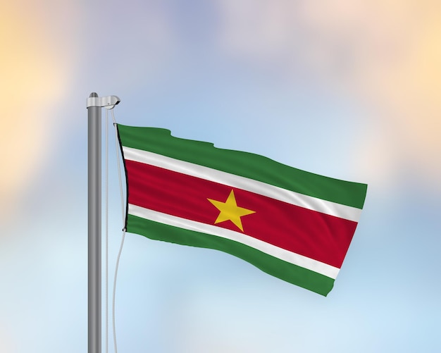 Waving flag of Suriname on a flag pole