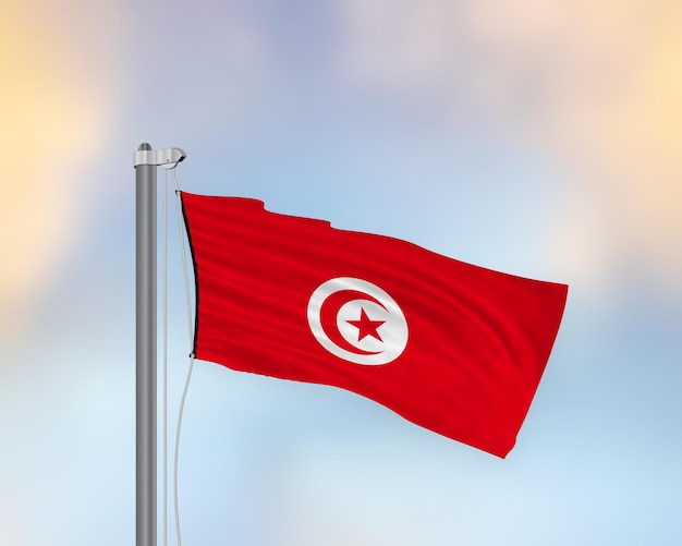 Foto sventola bandiera della tunisia su un'asta di bandiera