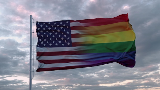 アメリカの州の旗とLGBTレインボーフラッグを振る