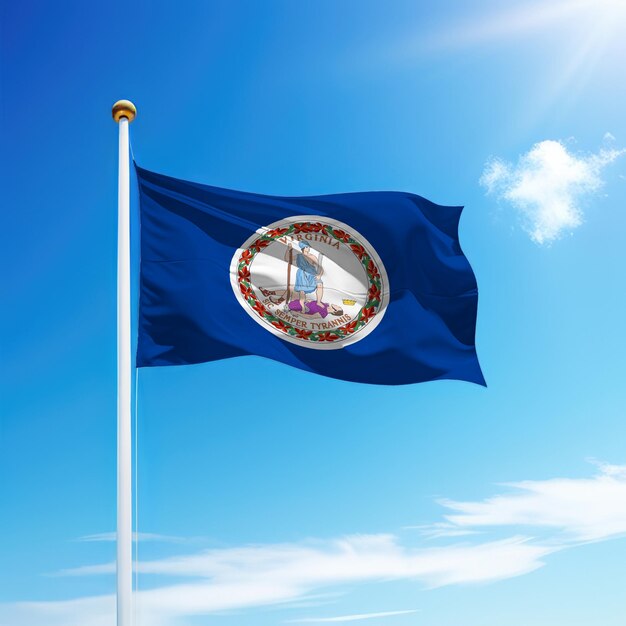 Waving flag of Virginia is a state of United States on flagpole with sky background