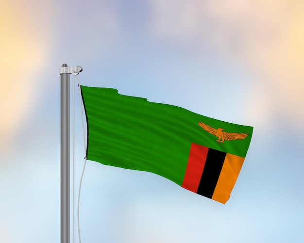 Waving flag of Zambia on a flag pole