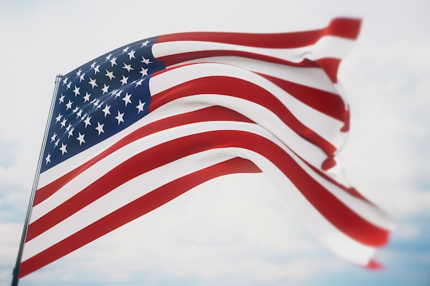 Waving flags of the world - American Flag. Shot with a shallow depth of field, selective focus. 3D illustration.