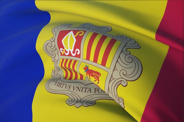 Waving flags of the world - flag of Andorra. Closeup view, 3D illustration.