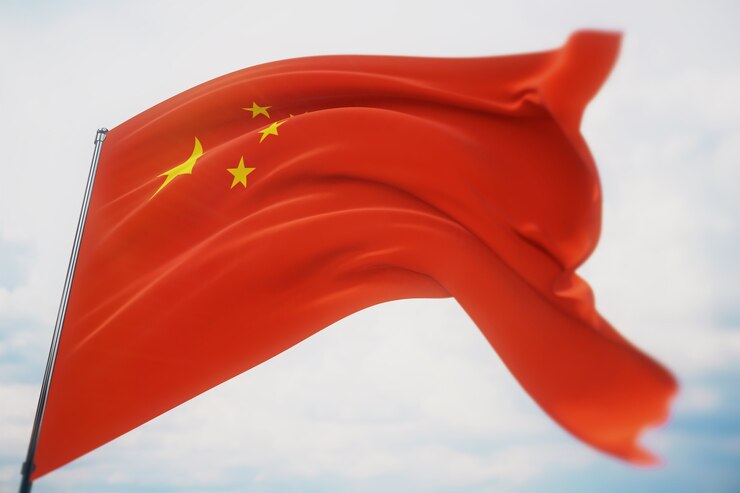 Waving flags of the world - flag of China. Shot with a shallow depth of field, selective focus. 3D illustration.