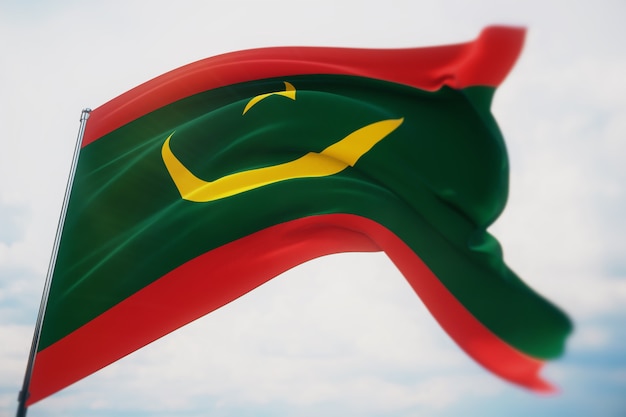 Waving flags of the world - flag of Mauritania. Shot with a shallow depth of field, selective focus. 3D illustration.