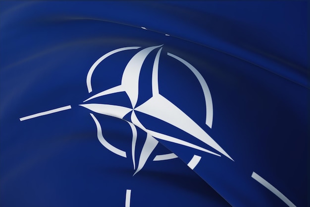 Waving flags of the world - flag of NATO. Closeup view, 3D illustration.