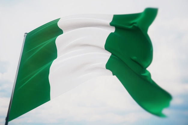 세계의 깃발을 흔들며 - 나이지리아의 국기. 얕은 피사계 심도, 선택적 초점으로 쐈어. 3D 그림입니다.