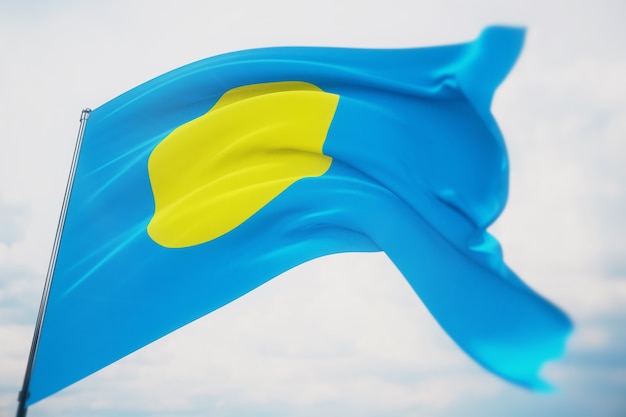 Waving flags of the world - flag of Palau. Shot with a shallow depth of field, selective focus. 3D illustration.