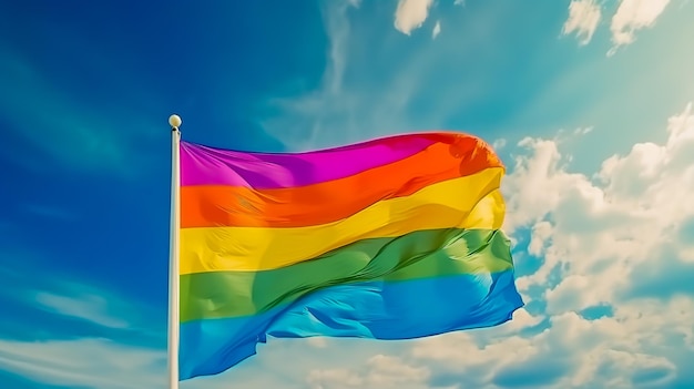 Waving gay pride rainbow flag in blue summer sky