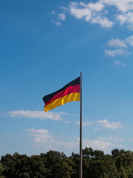 曇った青い空の下で最も偉大なヨーロッパの国の1つの手を振っているドイツの旗