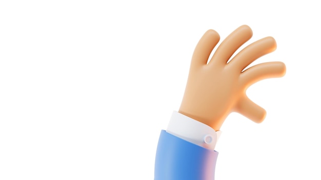 Waving hand in greeting gesture saying hi or bye Business man arm in blue jacket is raised up with open palm and five fingers isolated on white background Cartoon friendly funny style 3d render