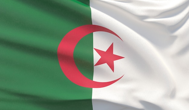 Waving national flag of Algeria. Waved highly detailed close-up 3D render.