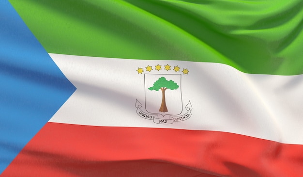 Waving national flag of Equatorial Guinea. Waved highly detailed close-up 3D render.