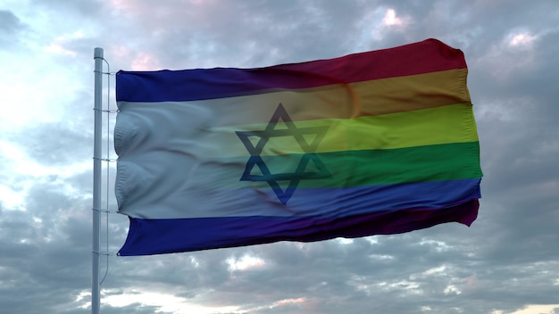 Развевающийся национальный флаг Израиля и радужный флаг ЛГБТ