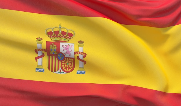 Waving national flag of Spain. Waved highly detailed close-up 3D render.