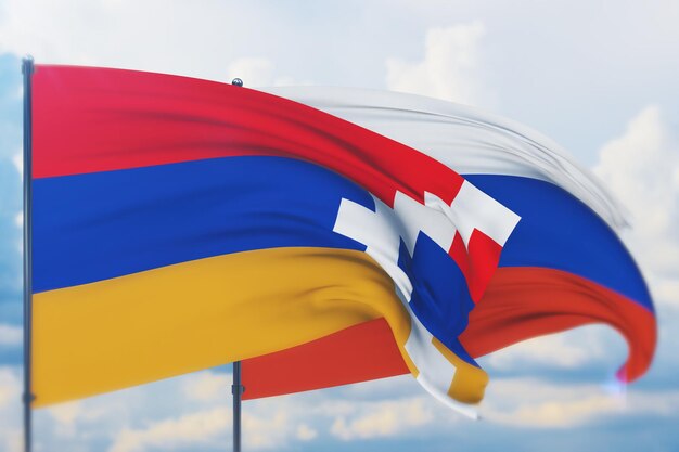 Waving russian flag and flag of artsakh closeup view d illustration