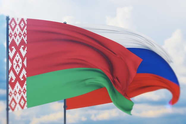 Waving russian flag and flag of belarus closeup view d illustration