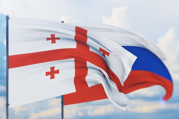 러시아 국기와 조지아 근접 촬영 보기 d 그림의 국기를 흔들며