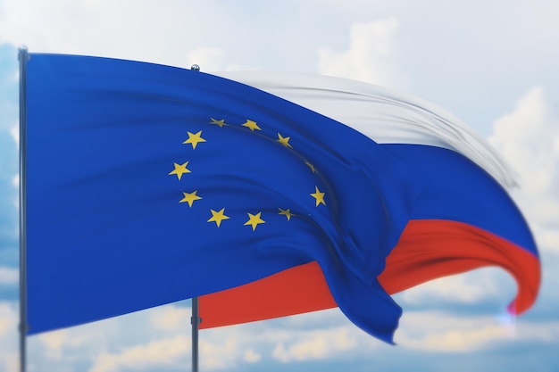 Waving russian flag and official eu flag european union flag closeup view d illustration