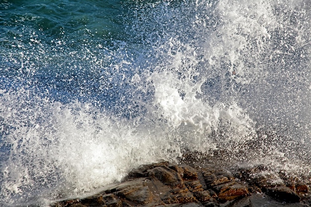 Волнующееся море на береговой линии Брызги воды