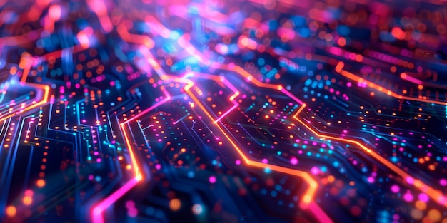 wavy background with digital pixels circuit board patterns and colorful icons symbolizing innovation and progress