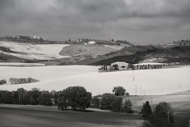 Wavy fields in Tuscany with shadows and farms Italy Natural outdoor seasonal summer background Black and white version