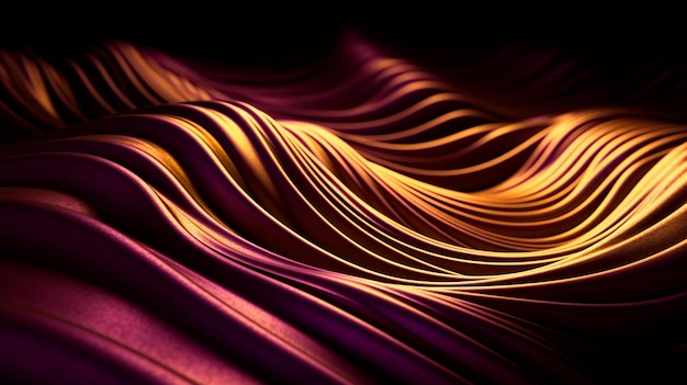 波状の金色と紫の金属の 3D 背景 ジェネレーティブ AI
