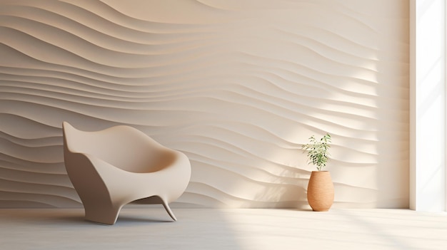 Wavy lounge chair in room with stucco wall and clay