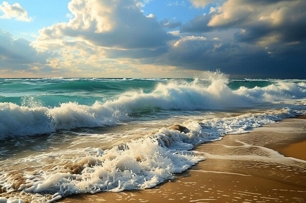 Foto l'oceano ondulato colpisce la spiaggia di sabbia circondata