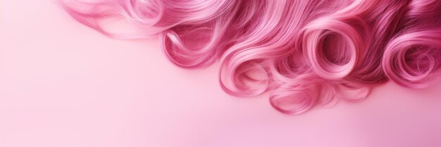 Wavy texture of healthy colored curly pink hair isolated on pink background baner ai generative