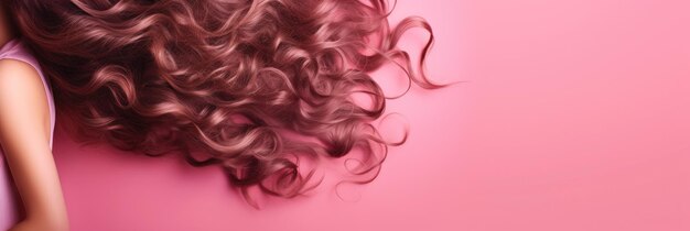 Wavy texture of healthy colored curly pink hair isolated on pink background baner ai generative